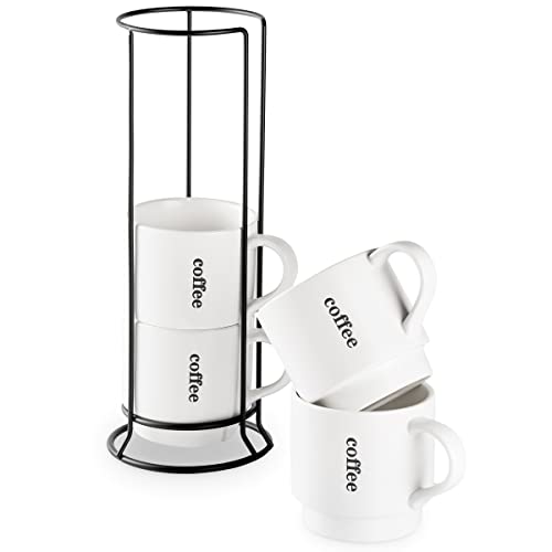 LAUCHUH Coffee Mugs Set of 4, 15 Ounce Stackable Coffee Mugs with Rack Latte Cup Porcelain Mugs for...