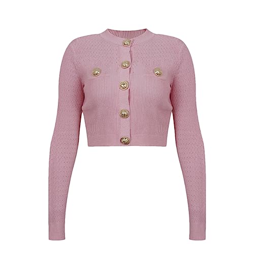 Korean Winter Clothes Women O-Neck Pink Sweater Woman Gold Buttons