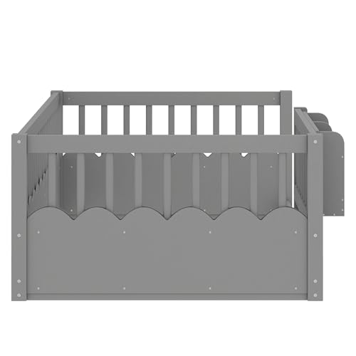 Image of Bellemave Twin Size Kids Montessori Floor Bed,Solid Wood Floor Bed Frame with Bookshelf and High Fence for Kids,Girls,Boys,Gray