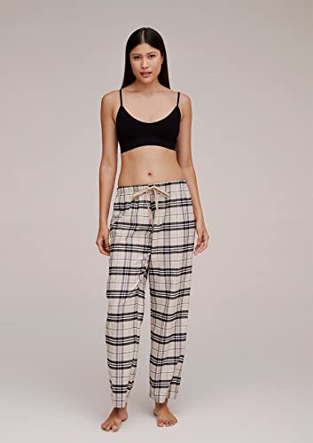 Calça Feminina Pijama Xadrez Cintura Média Em Flanela Bege G