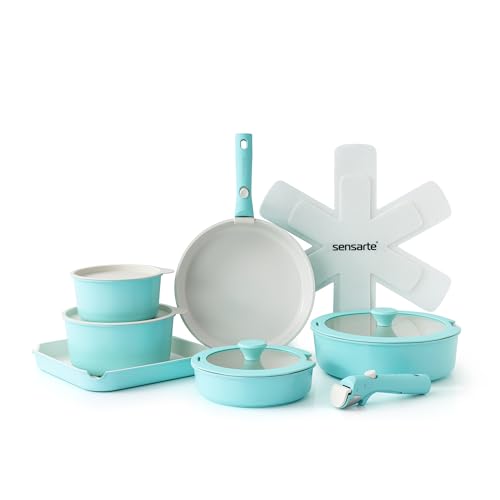 SENSARTE 17 Piece Pots and Pans Set, Nonstick Detachable Handle Cookware, Induction Kitchen Cookware Set with Removable Handle, Healthy Non Stick RV Cookware, Oven Safe (Turquoise)