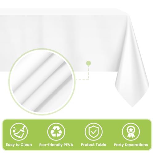 Image of Mulbozy White Plastic Table Cloth Disposable 4 Pack, 54 x 108 Inch Tablecloths Rectangle, White Plastic Table Cover for Party Decor