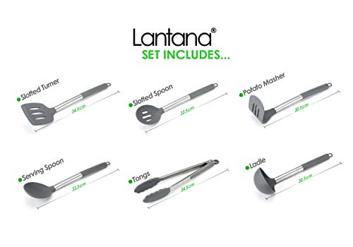 Lantana Premium Silicone Kitchen Utensils Set for Cooking (6 Pieces) - Sleek Grey and Brushed Stainless Steel - Includes Non-Stick Tongs, Serving & Slotted Spoon, Turner, Ladle, Potato Masher