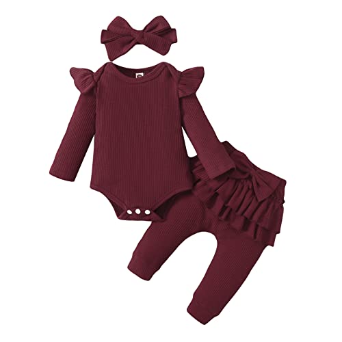 WOCACHI Baby Girls Pants Sets, Infant Newborn Baby Girls Solid Ruched Romper Floral Pants Casual Clothes Set New Born Birth Knitted Rib Boatneck Turtleneck Cute Cartton Patern Blanket u-Neck