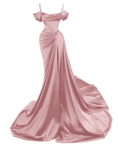 Spaghetti Straps Mermaid Slit Prom Dresses 2024 Beaded Long Satin Formal Evening Gowns for Women