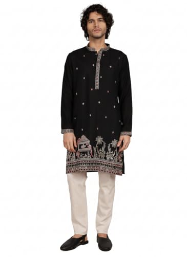 Image of Amazon Brand - Tavasya Men Printed Kurta with Ethnic Motif Border | Special Haldi Kurta | Festive Embellished Long Kurta | Embroidery Kurta | Ethnic Wear | Mandarin Collar | Knee Length