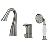 GRANDJOY Brushed Nickel 3-Hole Deck Mount Bathtub Faucet with Hand Shower, Single Handle High Arc Gooseneck Spout, Solid Brass Tub Filler...