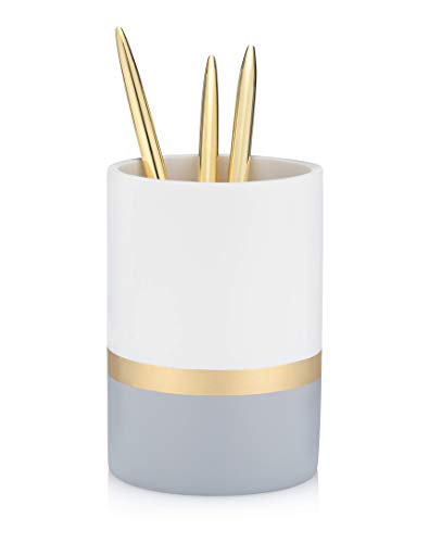 Essentra Home Day and Night Collection 4-Piece Bathroom Accessory Set White and Grey with Gold Stripe, Set Includes: Lotion Dispenser, Toothbrush Holder, Tumbler and Soap Dish