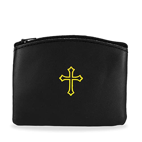 Black Rosary Pouch with Zipper and Gold Cross Imprint for Women - Stylish Catholic Pouch, Perfect for Easter, Lent, and Religious Travel - Portable Gold Cross Rosary Holder