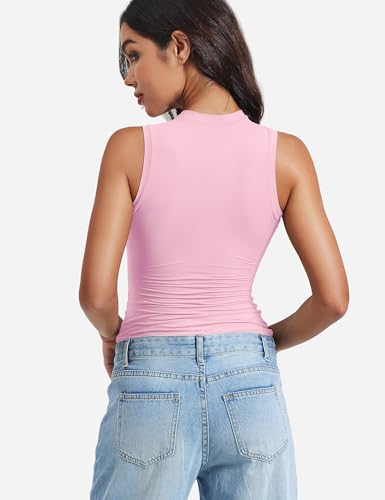 Image of YEOREO Women Basic Mock Neck Workout Crop Top Sleeveless Double Lined Tank Tee Slim Fitted Ruched Going Out Camisole