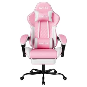 SUKIDA Gaming Stuhl, Ergonomischer Gaming-Stuhl mit Fußstütze, Racing Gamer Chair 90-135° Rückenlehne einstellbar, Computerstuhl Höhenverstellbar Lendenwirbelstütze, Pinkwhite