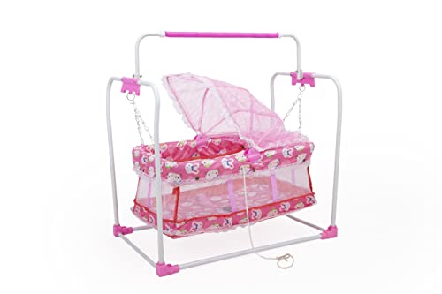 Image of BABYBLESSING New Born Baby Sleep Swing Cradle /Jhula /Palna /Bed /Bedding with Mosquito Net for 0-12 Months Baby Boys and Girls (Pink)