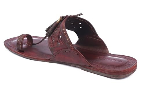 Image of KORAKARI Mens Handmade Kolhapuri Chappal Smooth and Comfortable, Stylish Durable Anti Slip Design Flip Flops Slippers Genuine Leather Traditional Indian Footwear.