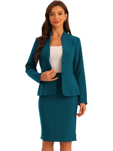 Allegra K 2 Piece Suit Skirt Set for Women's Business Formal Collarless Blazer and Pencil Skirts