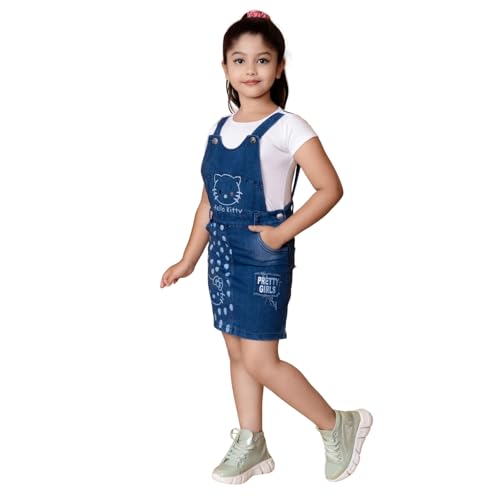 Image of Girls Denim Dungaree Knee Length Skirt with Applique Top || Round Neck Half Sleeves || Stylish & Comfortable Outfit
