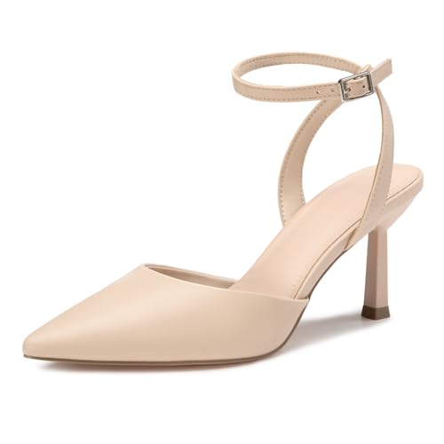 Athlefit Womens Closed Pointed Toe 3 Inch High Heels Ankle Strap Stiletto Heel Wedding Party Dress Pumps Shoes Nude Size 8 SAPU2602W