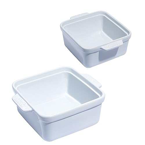 Souper Cubes Stoneware - 5' x 5' Baking Dishes for Oven with Silicone Covers, Premium Mini Ceramic Baking Dishes, Perfect for Reheating Individual Portions in Oven or Microwave, Set of 2 - White