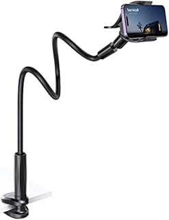 Lamicall Gooseneck Phone Holder Bed - [2023 PU Leather], 38 Long Flexible 360 Adjustable Lazy Arm Clamp, Overhead Mobile Phone Mount Stand for iPhone 15 14 13 12 11 Pro Max Mini, 4-7" Phone - Black