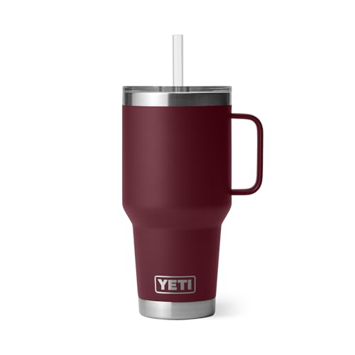 Image of YETI Rambler 35 oz Tumbler with Handle and Straw Lid, Travel Mug Water Tumbler, Vacuum Insulated Cup with Handle, Stainless Steel, Wild Vine Red