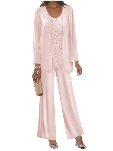 Ywwaaq 3 Piece Blush Pink Mother of The Bride Pant Suits V-Neck Sequin Chiffon Long Formal Cocktail Pants Outfit US0