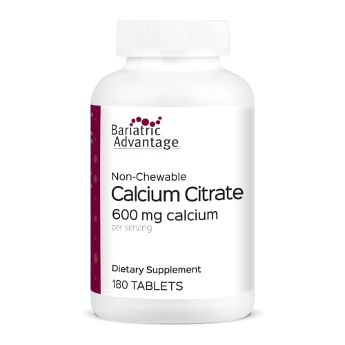 Bariatric Advantage Non Chewable Calcium Citrate 600 mg Calcium - for Bariatric Surgery Patients - Vitamin D3 - Mineral Supplements - 180 Tablets