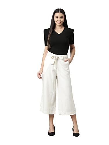 Image of GO COLORS Solid Linen Culottes for Women | High Rise, Side Pockets, Front tie-up
