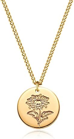 LADYGD Birth Flower Necklace 18K Gold Plated Birth Month Flower Necklaces Disc Cuban Birthday Jewelry Gifts for Women Girls 12 Month 19.5" Chrysanthemum