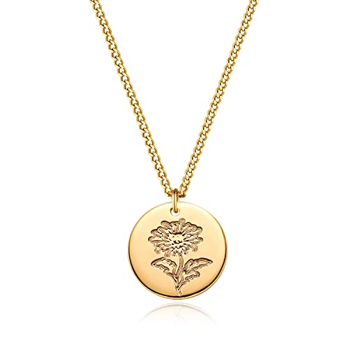Ladygd Birth Flower Necklace 18K Gold Plated Birth Month Flower Necklaces Disc Cuban Birthday Jewelry Gifts For Women Girls 12 Month 19.5" Chrysanthemum #TOP1