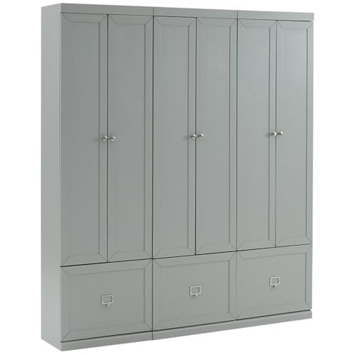 Pemberly Row Modern Wood/Metal Pantry Closets, 74" H x 66" W x 12.5" D, Distressed Gray Finish, Set of 3 Modular Cabinets with Adjustable Shelves, Drawers, Hooks, Traditional or Farmhouse Style