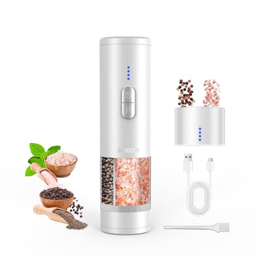 AMOSA Moulin à Poivre Électrique, 2 en 1 Double Réservoir, Double Meule en Céramique Réglable en Finesse, USB Rechargeable Remplissable Salières et...