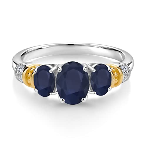 Gem Stone King 925 Sterling Silver and 10K Yellow Gold Oval Blue Sapphire and White Diamond 3 Stone Ring For Women (2.94 Cttw, Gemstone September Birthstone, Available In Size 5, 6, 7, 8, 9)2