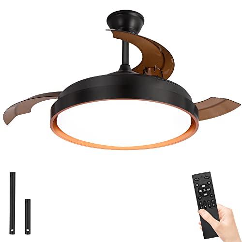 Ohniyou Retractable Ceiling Fan With Lights And Remote, 42" Farmhouse Chandelier Ceiling Fan Indoor With 6 Wind Speeds Dimmable 3 Colors, Fandelier Ceiling Fan For Patio Living Room, Bedroom #TOP14