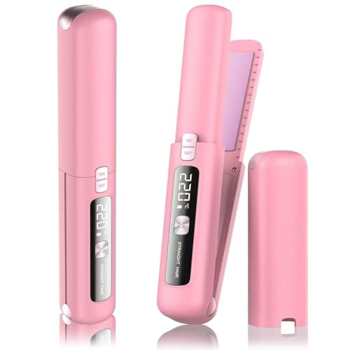 Cordless Hair Straightener and Curler 2 in 1, Mini, Lightweight and Small,USB Rechargeable with 4500mAh Battery, 10s Fast Heating, Portable Ceramic Flat Iron for Travel (Pink)