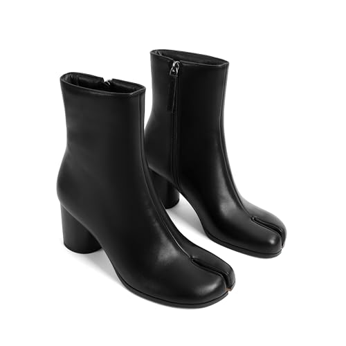 Gengzai Black Women's Split Toe Short Ankle Boots Chunky Block Heel Tabi Shoes with Side Zip Casual Retro Boots for Comfortable Daily Wear