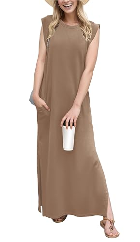 Image of GRECERELLE 2026 Women Year-Round Casual Round Neck Loose Split Wrinkle-Free Long Maxi Vacation Dress with Pockets (XXS-4XL)
