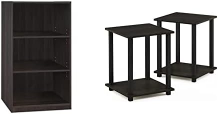 Furinno Jaya Simple Home 3-Tier Adjustable Shelf Bookcase, Espresso & Simplistic Set of 2 End Table, Espresso/Black