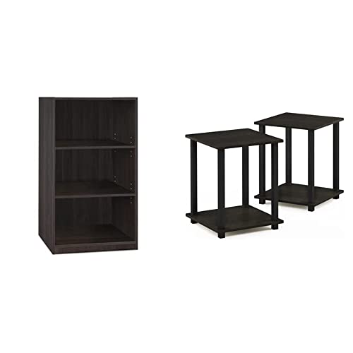 Furinno Jaya Simple Home 3-Tier Adjustable Shelf Bookcase, Espresso & Simplistic Set Of 2 End Table, Espresso/Black #TOP3