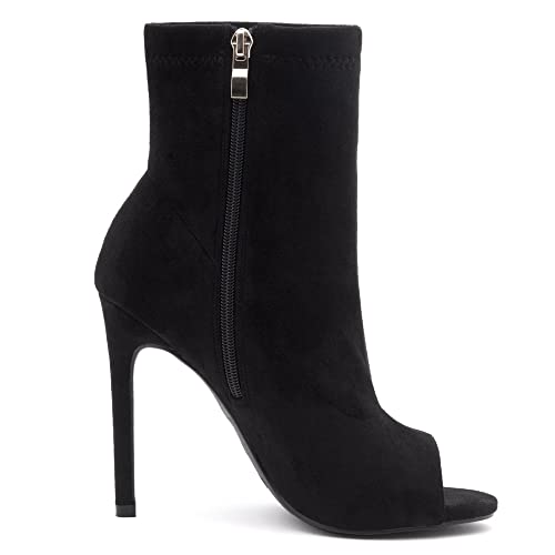 Shoe Land Chelsee Women's Peep Toe Heeled Booties Fashion Ankle Boots Black 8.0 #TOP1