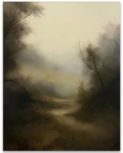 Whispers of the Misty Valley Forest Landscape Painting Wall Art 11x14 Unframed Poster –Serene Atmospheric Nature Artwork, Dreamy Tree Scene, Tranquil Woodland Print, Muted Color Palette for Home Décor