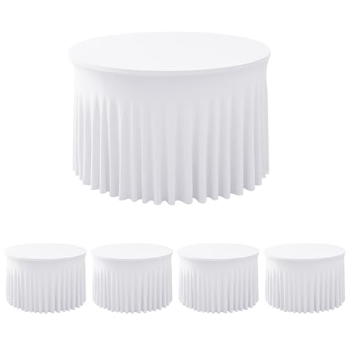 Image of HolidayIdeas White Spandex Wedding Tablecloths for 60in Round Table, 5ft Fitted Stretch Table Skirts 120 Inch, Wrinkle-Free Ruffle Design Tablecloths for Banquets,Trade Shows, Parties, Events, 4 Pack