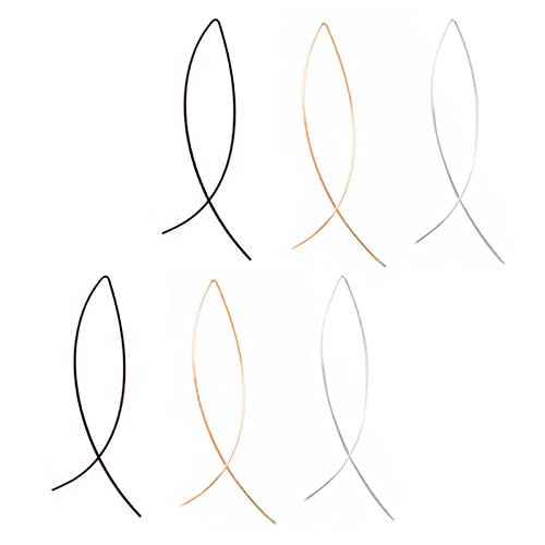 MALOYANVE 3 Pairs Modern Metallic Arc Bar Pull Through Threader Earrings Minimalist Silver Gold Black Simple Lightweight Curved Ribbon Vertical Drop Fish Hoop Dangles Arc Threader Earrings