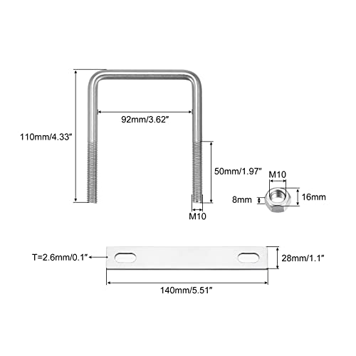 Image of uxcell Square U-Bolts, 2 Sets 92mm(3.62 inch) Inner Width 110mm Length M10 304 Stainless Steel U Clamp Bolt with Nuts and Plates, for Boat Trailer