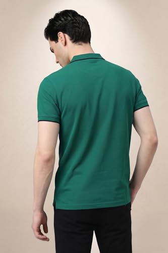 Image of Peter England Men's Snug Fit Solid Polo T-Shirt with Coloured Collar Tipping| Cotton Rich| Premium Pique Weave