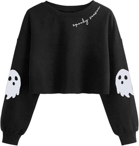 KNBUO Women's Funny Ghost Graphic Crop Sweatshirt Halloween Lantern Long Sleeve Pullover Fall Family Matching Tops(M,01BBlack