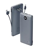 VRURC Portable Charger Built-in Cables and AC Wall Plug, USB C Power Bank 10000mAh, Travel Battery Portable Phone Charger Compact Lightweight External Battery Pack for Smart Phones, Tablets etc-Grey