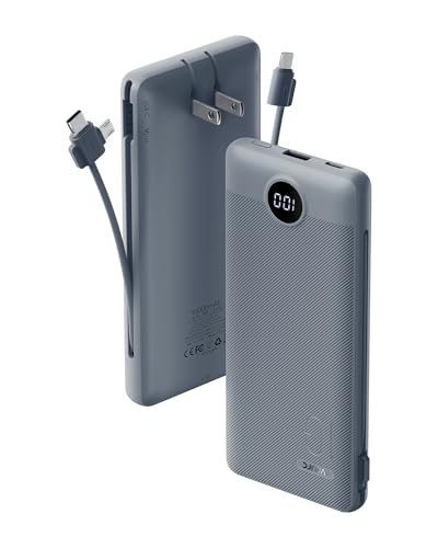 VRURC Portable Charger Built-in Cables and AC Wall Plug, USB C Power Bank 10000mAh, Travel Battery Portable Phone Charger Compact Lightweight External Battery Pack for Smart Phones, Tablets etc-Grey