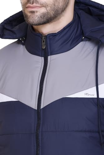 Image of Men's Navy Blue and Grey Hooded Puffer Jacket, Quilted, Zip Front