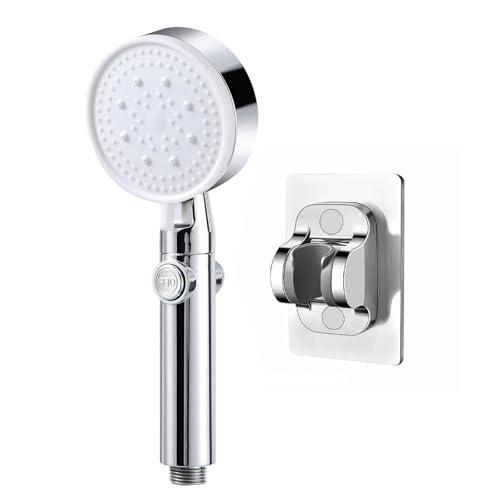 QGK Cabezal de ducha de 6 modos   Cabezal de ducha de alta presión, antical, ahorrador de agua, ducha de mano con función de parada, cromo blanco, incluye un soporte autoadhesivo sin perforar