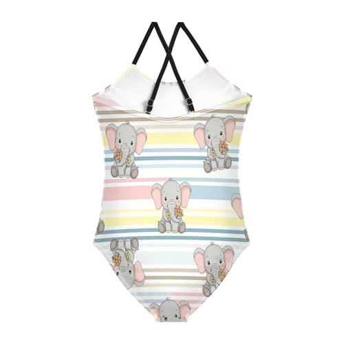 Cute Elephants Stripes Child Girl Swimsuit with Adjustable Shoulder Strap, Beach Bathing Suit, 3-102