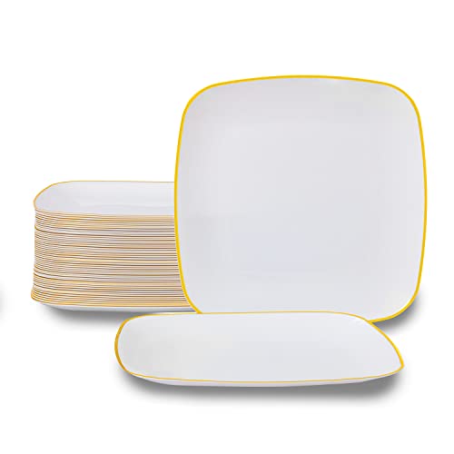 Bloomingoods Plastic Disposable Square Dessert Plates | 50-Pack 7.5 Inches White With Gold Rim Square Plates | Ideal For Weddings, Parties, Catering | Heavy Duty & Non Toxic #TOP17